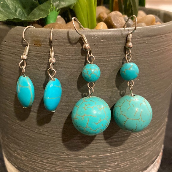 Two Elegant Turquoise Ball Drop Earrings - Picture 1 of 10